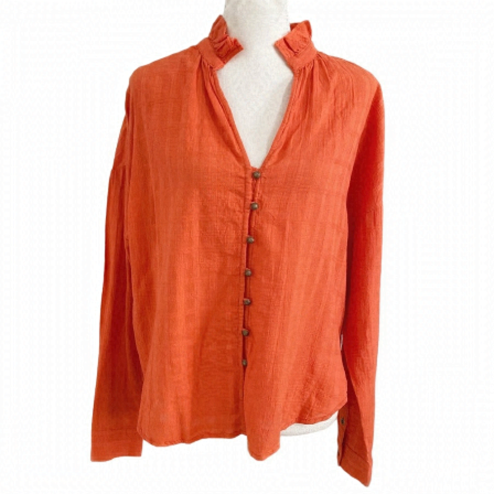 NWT ANTHROPOLOGIE PILCRO ORANGE RED CHECKERED HIGH RUFFLE NECK BUTTON DOWN SHIRT